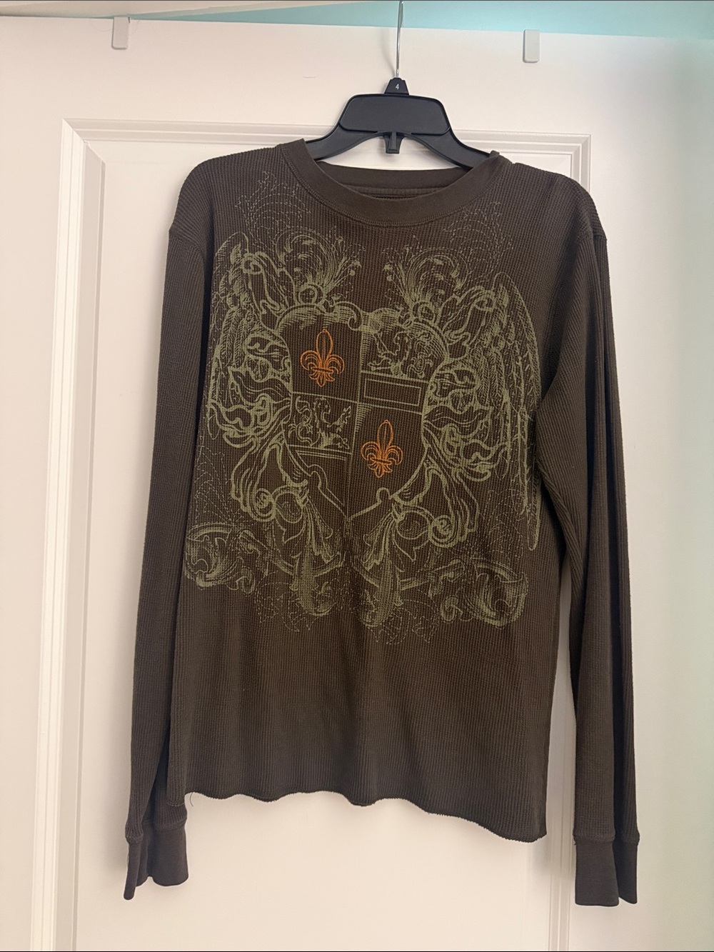 Machine Brown Long Sleeve Graphic Thermal Tee with Green and Orange Print